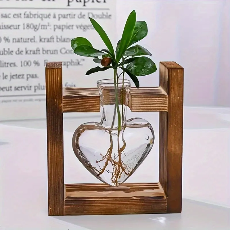 Spiralförmiger Kiefernholzrahmen Glas Hydroponische Vase für Schreibtisch Kreative Wohnzimmer-Dekoration Blumeneinsatz-Behälter