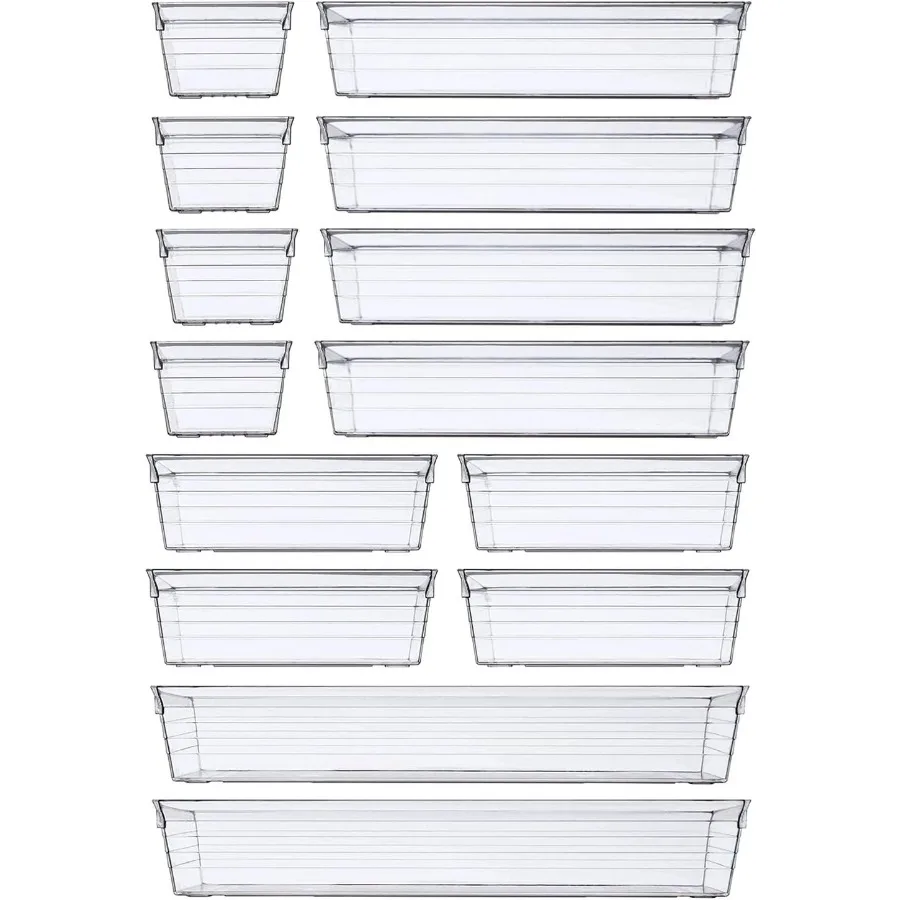 14 PCS Clear Plastic Drawer Organizer Tray for Makeup Kitchen Utensils Jewelries and Gadgets
