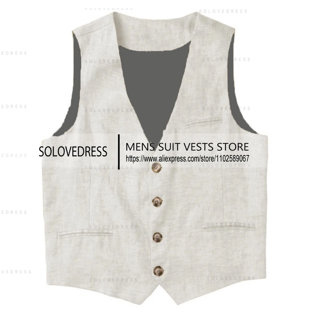 Linen Men's Vest V Neck Summer Waistcoat Single Breasted Light Weigt Men's Suits Vest