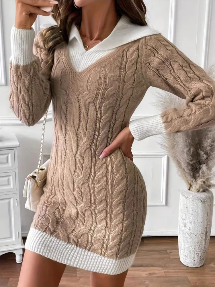 Women Fashion Twist Color-blocking Sweater Knitted Dress Autumn Winter Slim V Neck Hip Packing Elegant Female Office Mini Dress