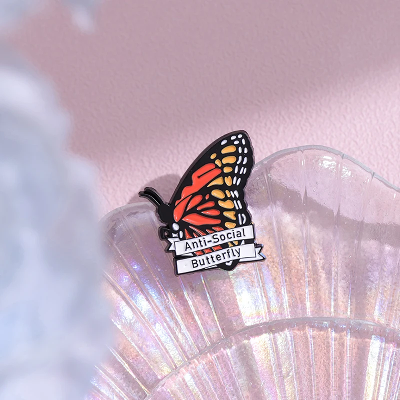 Anti-social Butterfly Enamel Pins Custom Introverts Brooches Lapel Badges Insect Jewelry Gift for Kids Friends