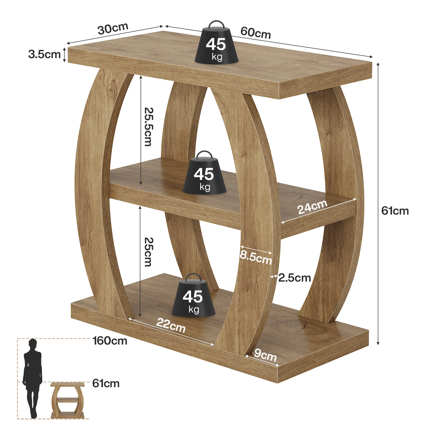 Tribesigns End Table for Living Room, 3-Tier Narrow Side Table with Storage, Farmhouse Wooden Beside Table with Geometric Frame, Tall Nightstand for Bedroom, Small Spaces, Natural Oak image 3