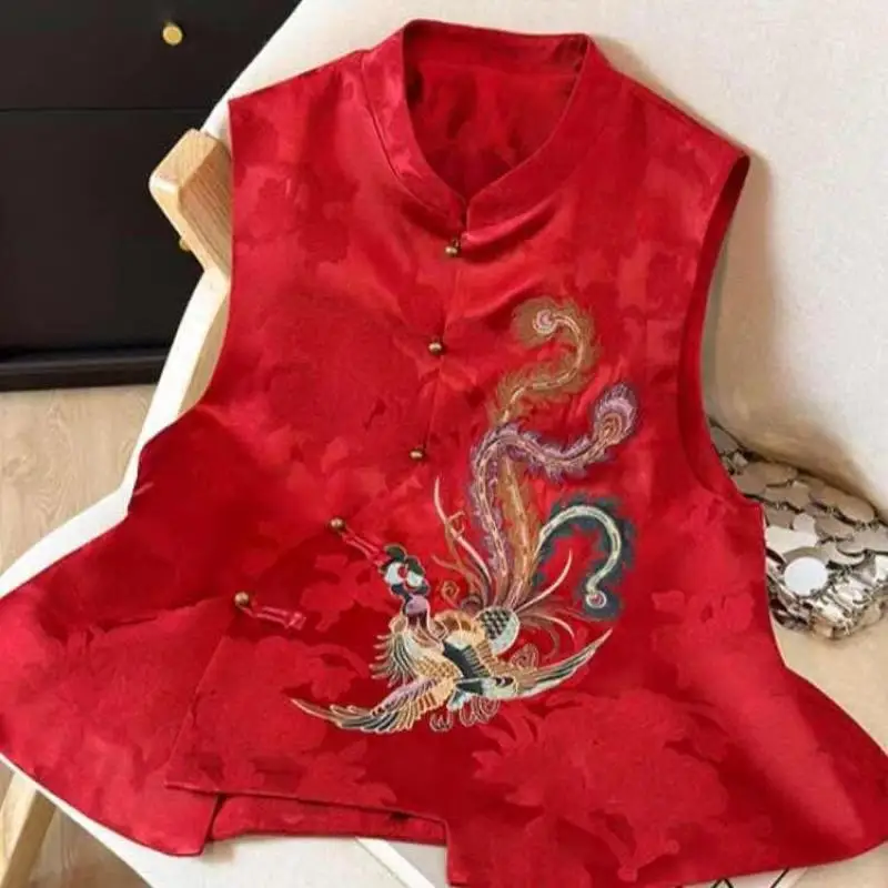 Phoenix Embroidery Jacquard Pattern Mandarin Collar New Chinese Style Qipao Outerwear Retro Tang Suit Sleeveless Vest for Women