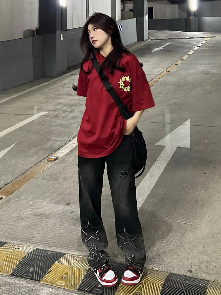 Women's Black Gothic Baggy Cargo Jeans with Star Harajuku Y2k 90s Aesthetic Denim Trousers Emo 2000s Jean Pants Vintage Clothes