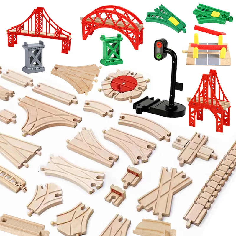 Wooden Train Track Accessories Wood Railway Track Train Station Bridge Tunnel Compatible All Brands Wooden Track Toys Kids Gifts