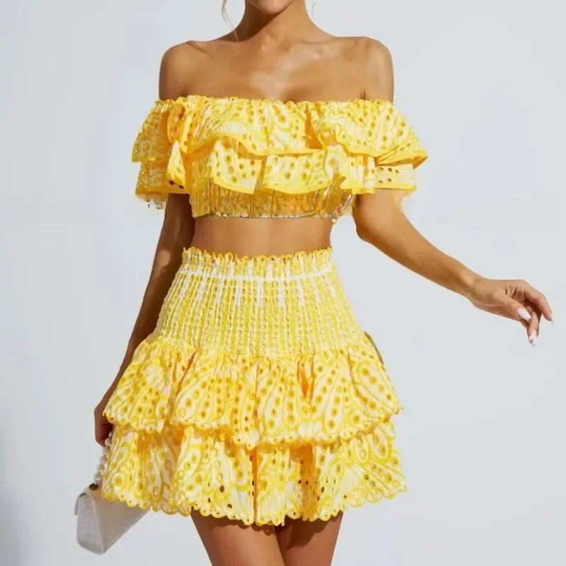 Yellow Flora Embroidery Tops + Skirts Women Slash Neck Summer Vacation Two Piece Sets Ladies Runway Design Party Clothing