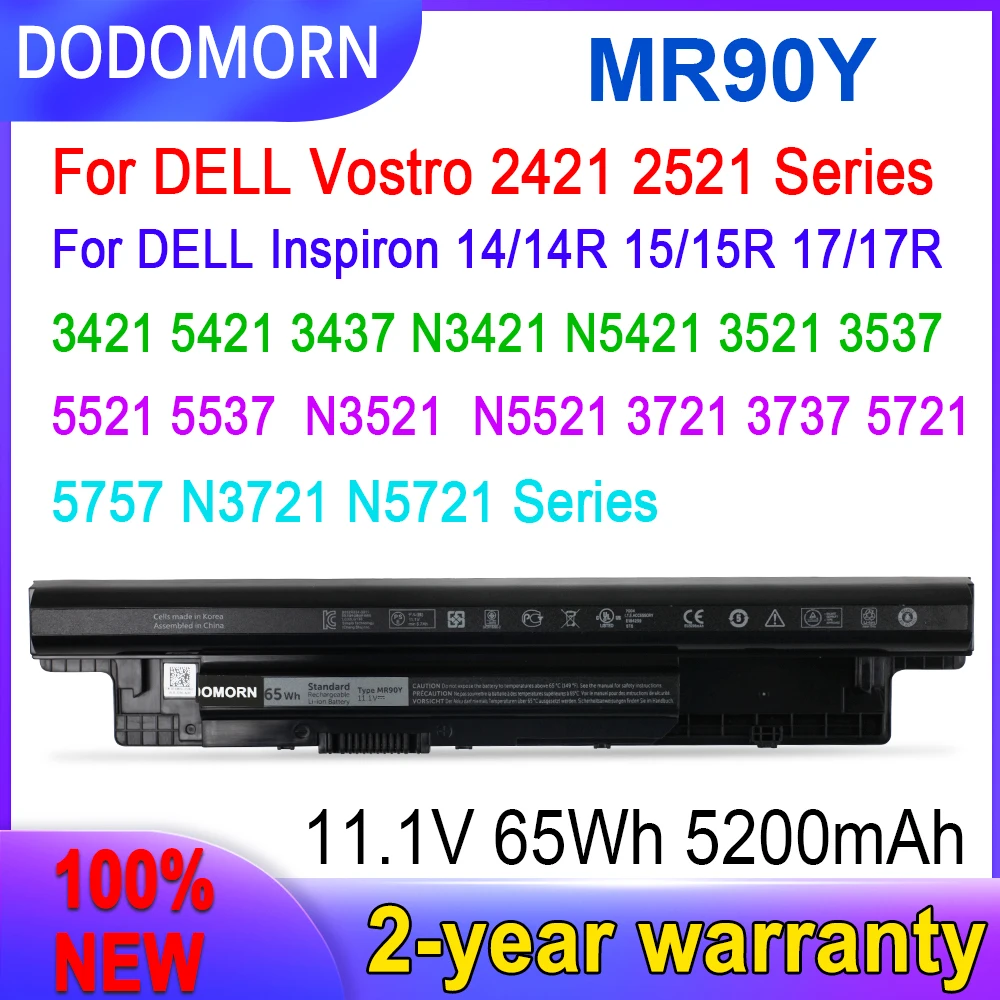 

DODOMORN New Dell MR90Y Laptop Battery For Dell Inspiron 14/14R 15/15R 17/17R Vostro 2421 2521 Series 11.1V 65Wh 5200mAh