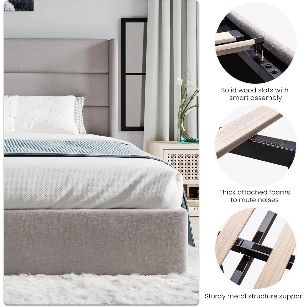 King Size Lift Up Storage Bed/Modern Wingback Headboard/Upholstered Platform Bed Frame/Hydraulic Storage/No Box Spring