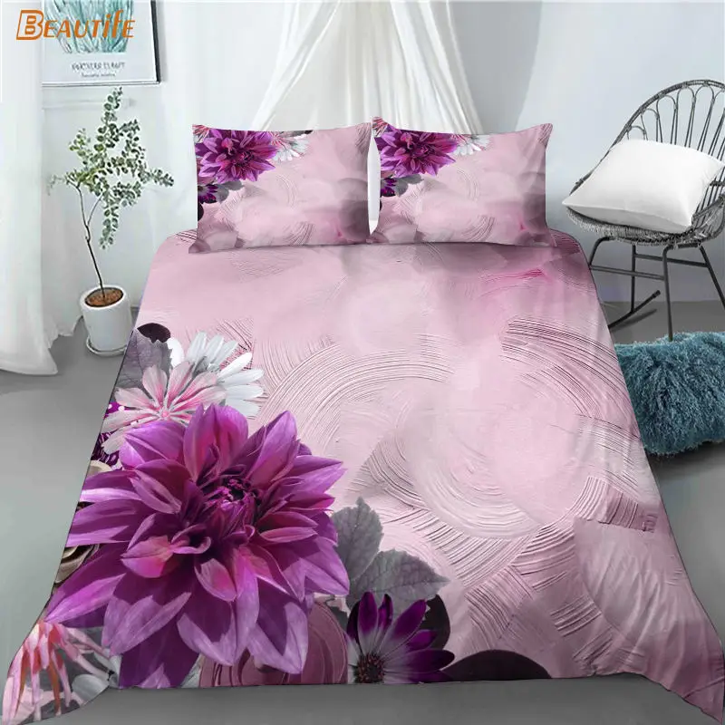 Hot Sale Dahlias Flower 1 Duvet Cover 2 Pillowcases Polyester Fabric Bedding Set Family Boy Kid Set Duvet Cover Set