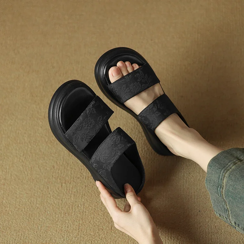 2024 Summer Sandals plus size 22-26.5cm  printing cloth+ microfiber back buckle strap mules platform Women's Shoes Chinese style