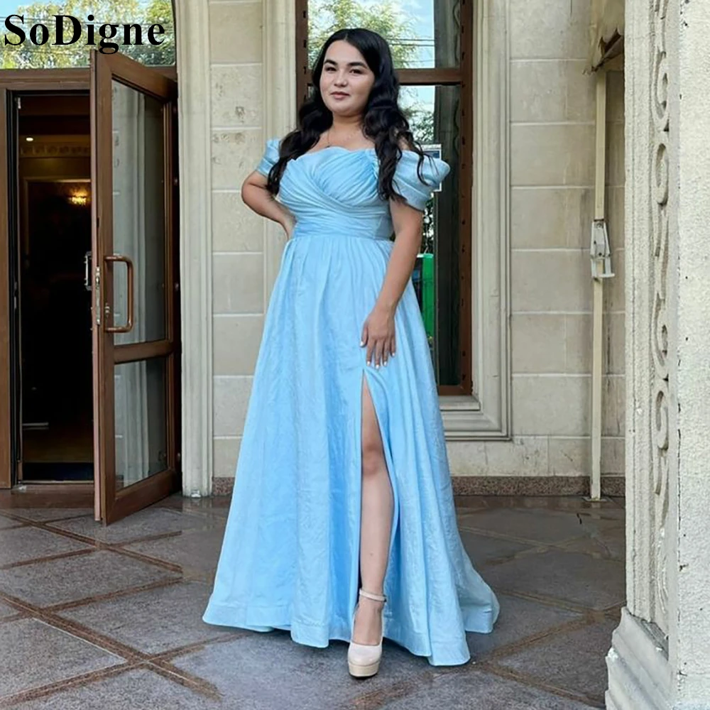 

SoDigne Sky Blue Satin Evening Dresses Draped Off Shoulder A-Line Simple Party Dress 2024 Formal Prom Gowns for Women Plus Size