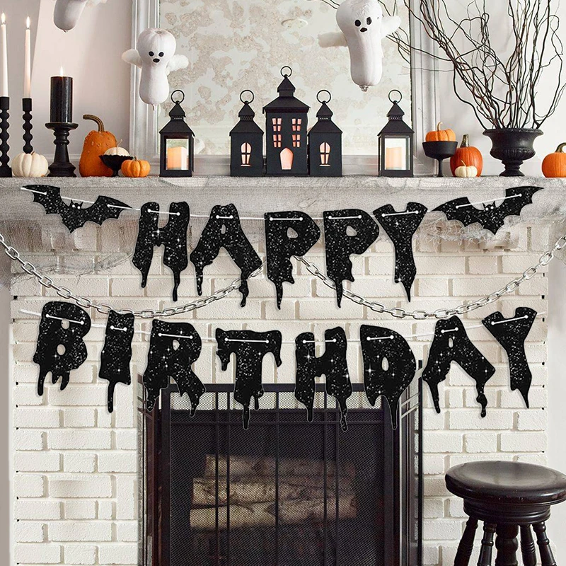 Glitzerndes Happy Halloween-Papierbanner, schwarze Fledermaus-Hängegirlande, Flagge, Halloween-Party-Dekoration für Zuhause, Horror-Requisiten, Kindergeschenk