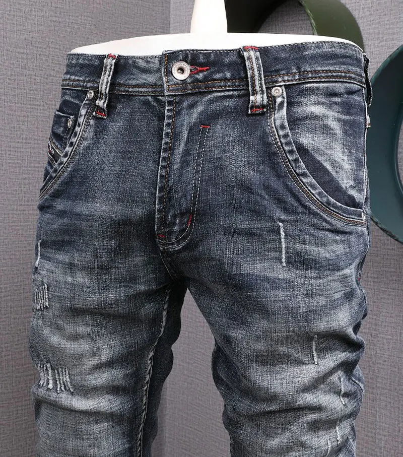 Italian Style Fashion Men Jeans High Quality Retro Black Blue Elastic Slim Fit Ripped Jeans Men Vintage Designer Denim Pants