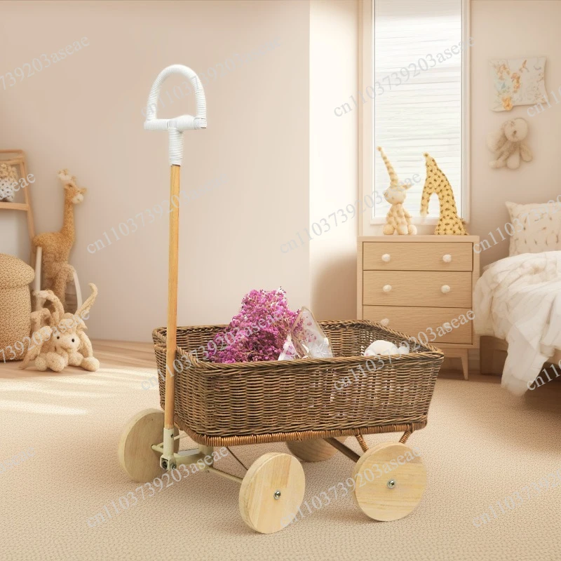 Cart Natural rattan plush toy storage basket Outdoor trolley trolley