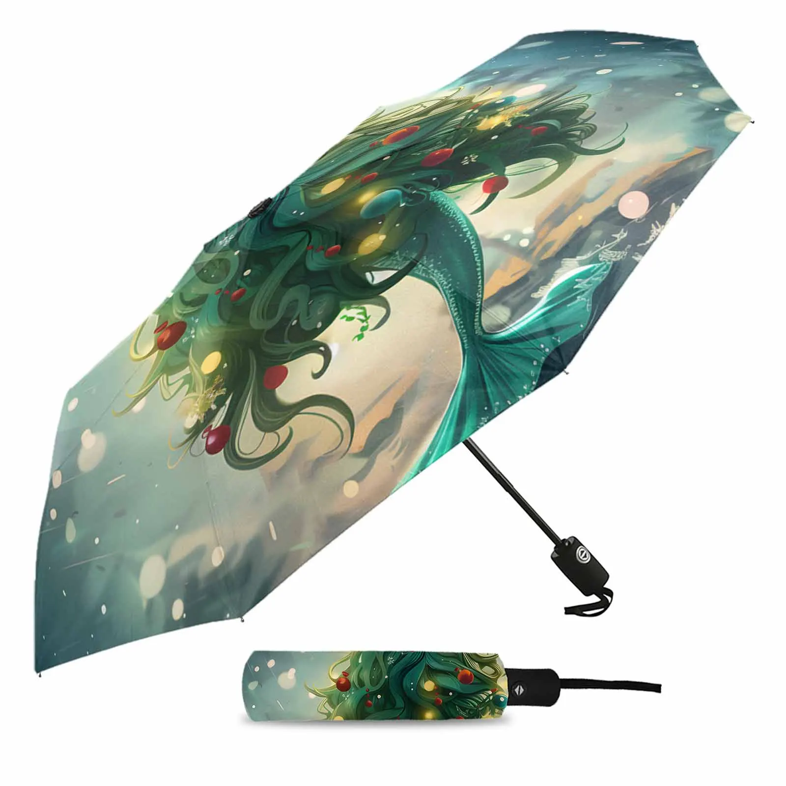 Christmas Mermaid Christmas Tree Fully-automatic Umbrella for Outdoor Kids Adults Umbrella Foldable Eight Strand Umbrella