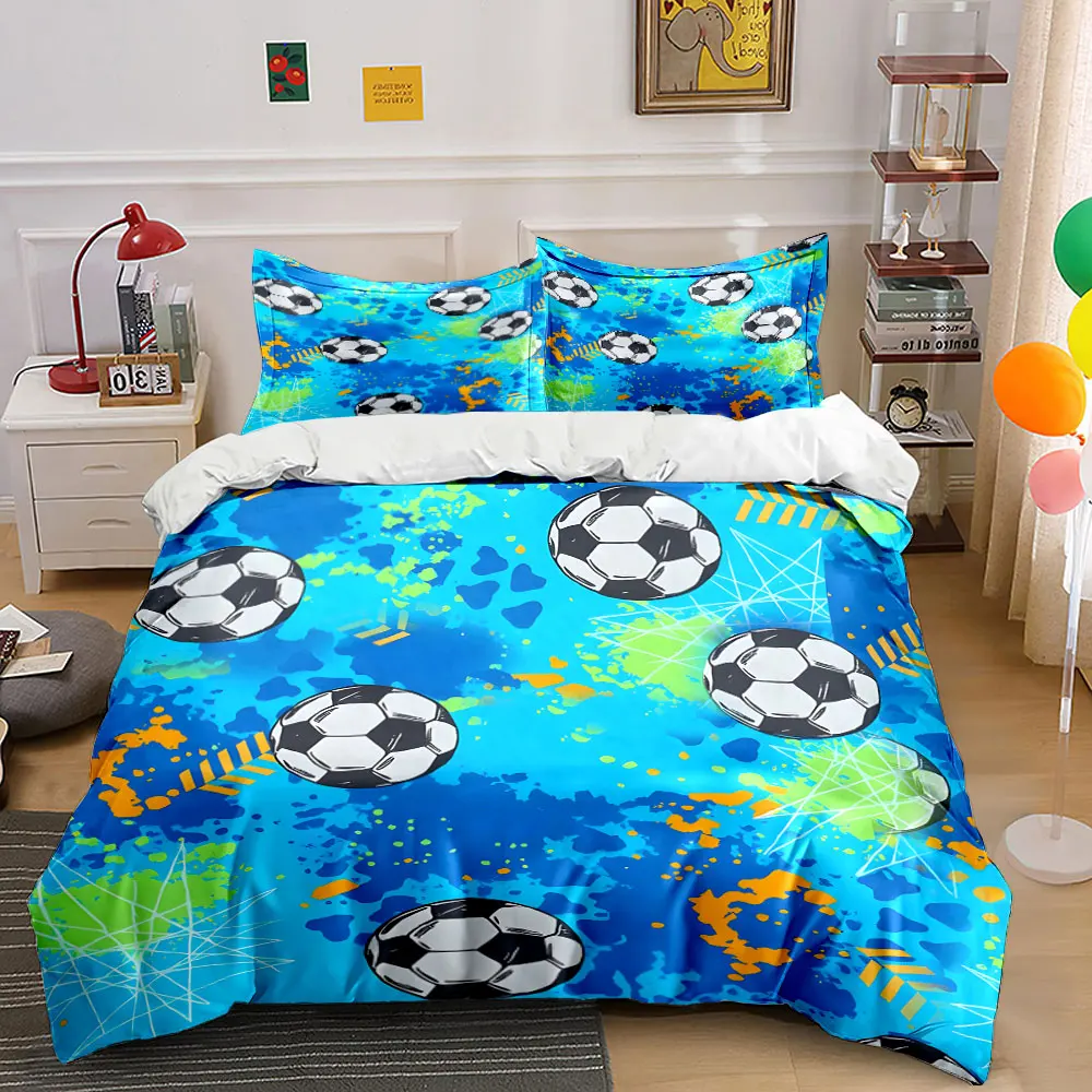 Football Pattern on Blue Graffiti Background Printed Duvet Cover Set 1Duvet Cover+2 Pillowcase Multi Size Bedroom Bedding Decor