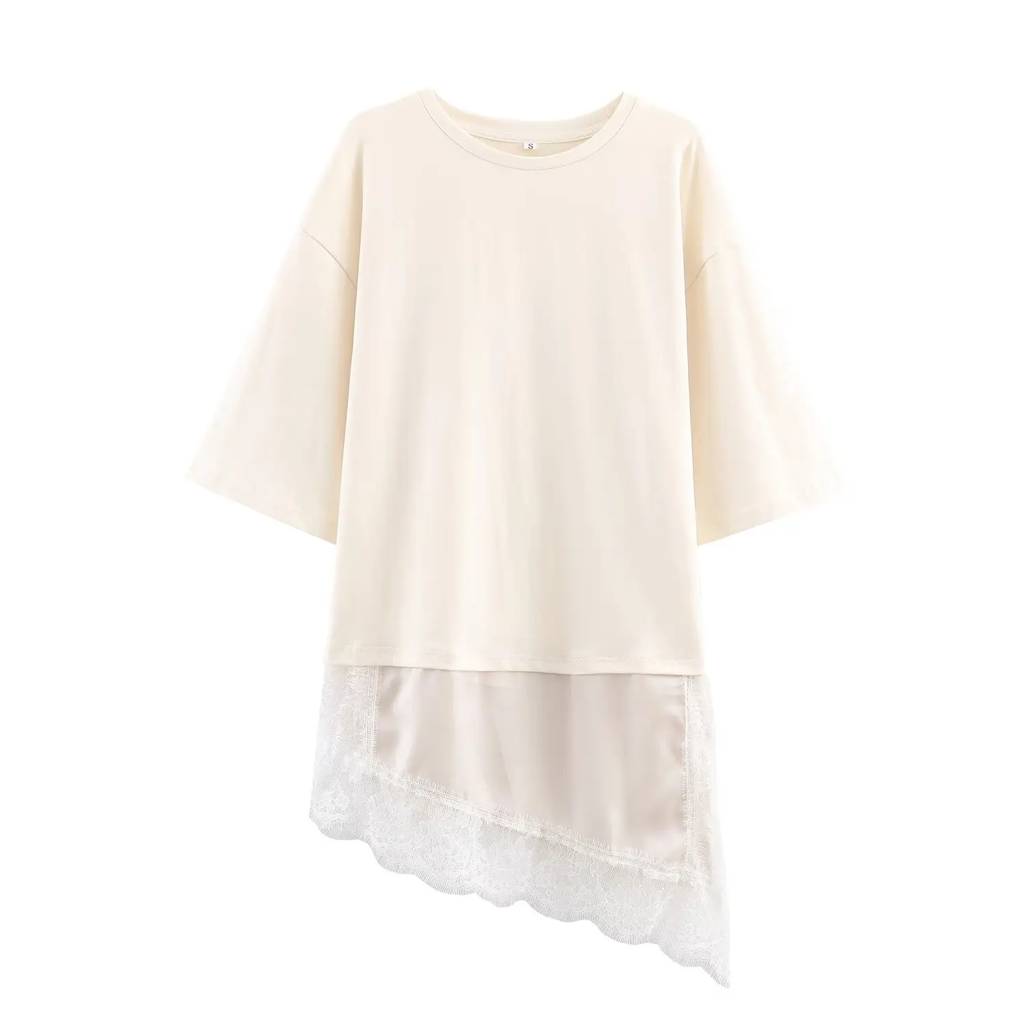 JNLEAOG Faionable Lace Patchwork T-irt Women's Street Sle Asymmetric Design Long Sve round Ne Regular Fit Top