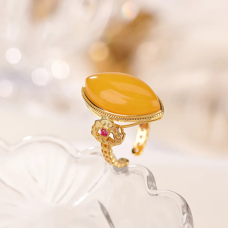 S925 Sterling Gold-Plated Amber Elegant-Shaped Ruyi Coin Hollow Silver Ring