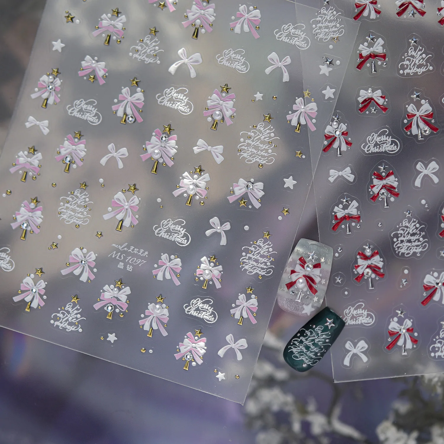 Luxury Christmas Nail Stickers Pink Red Bow Silver Christmas Tree Stars Flower Pattern Self-adhesive Nail Decoration Sticker DIY