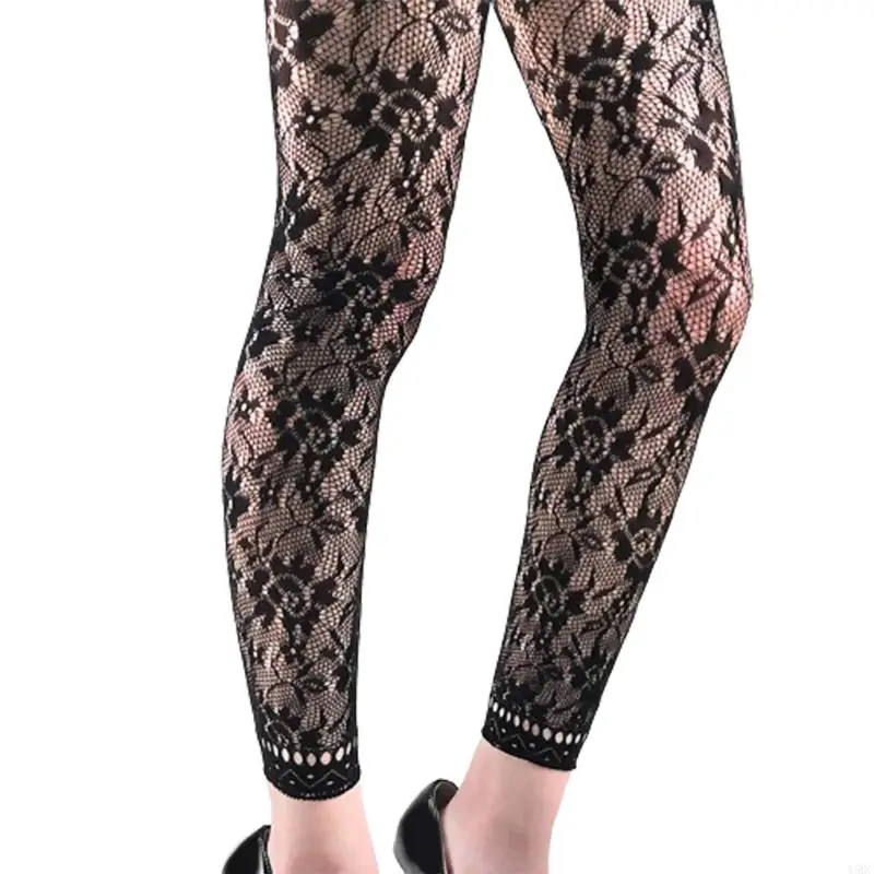 Y5GC Women Sexy High Waist Fishnet Footless Leggings Flower Jacquard Patterned Mesh Net Tights Black Ankle Length Pantyhose