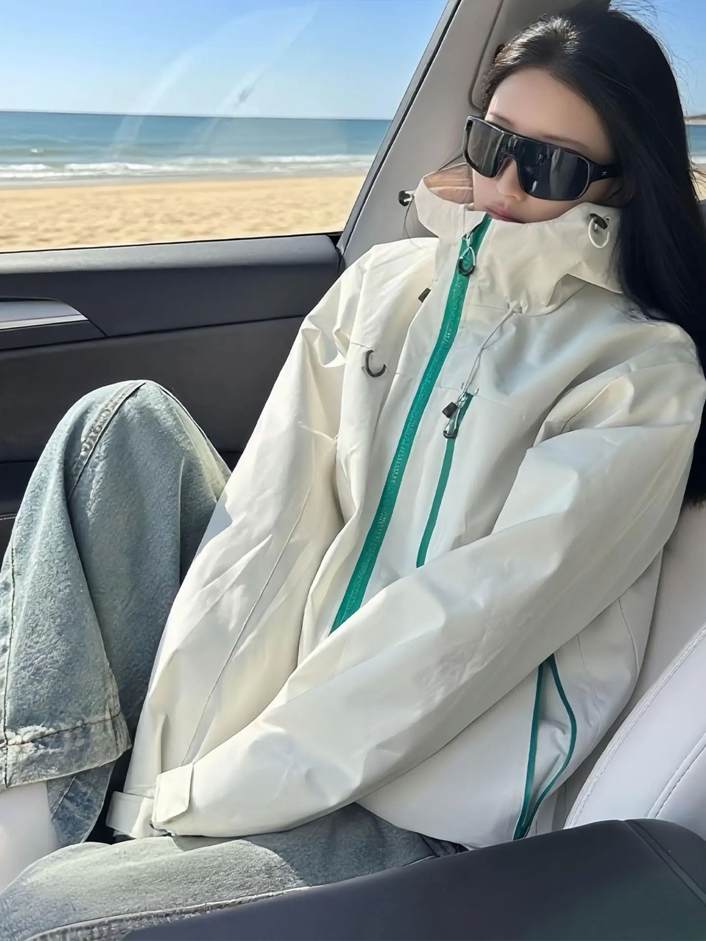 Jaqueta Feminina Leve para Exterior, à Prova de Vento, Impermeável, com Proteção Solar, Capuz, Fechamento com Zíper, Manga Longa Regular, Manga Longa Especial, Pura...