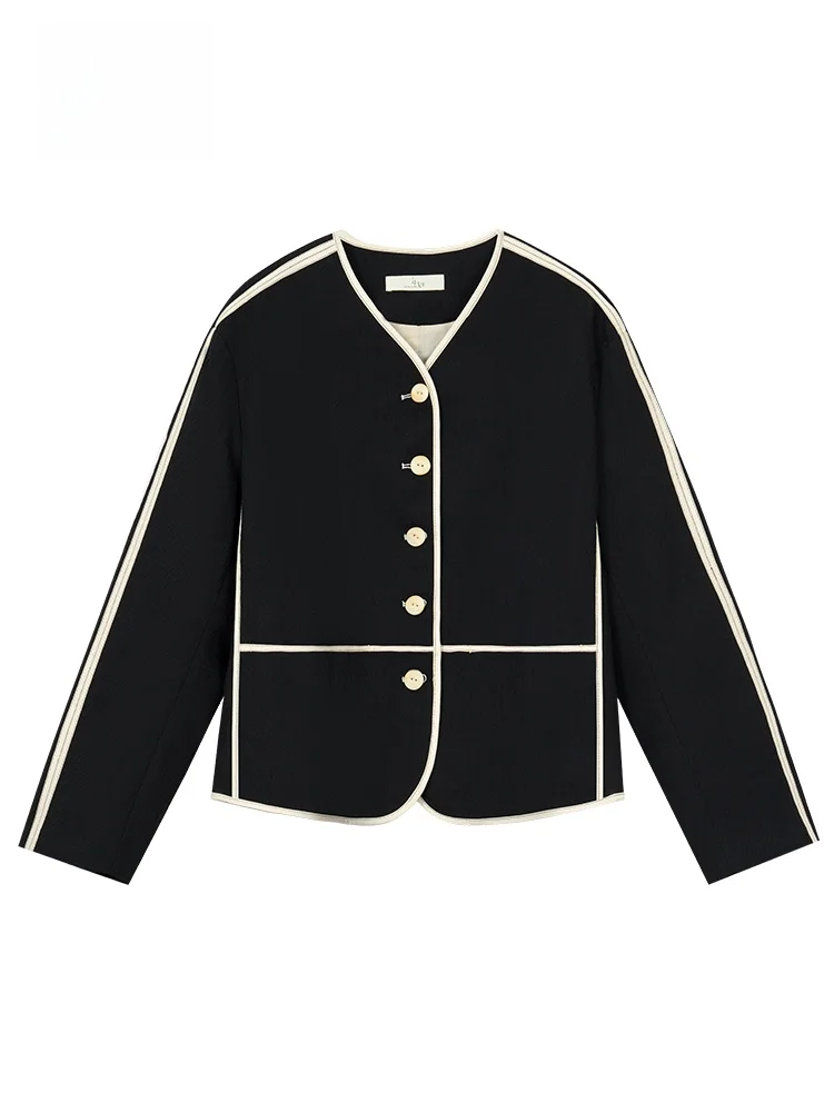 

GOFAR Black White Contrast Color Block Short Jacket Women's V-neck Coat Spring Autumn New Style Classic Simple Design