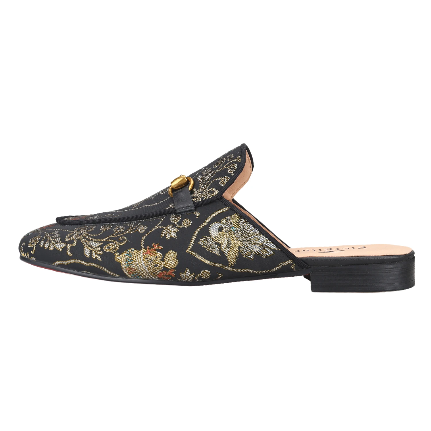 Piergitar Chinese Retro Aesthetic Custom Gold Floral Jacquard Silk Men's Mule Classic Style Horsebit Trendy Slippers For Outdoor