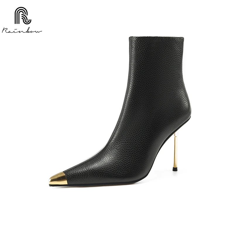 

RAINBOW 33-40 Winter Handmade Genuine Leather Women Ankle Boots Pointed Toe Thin High Heels Lady Shoes Mature Metal Stiletto