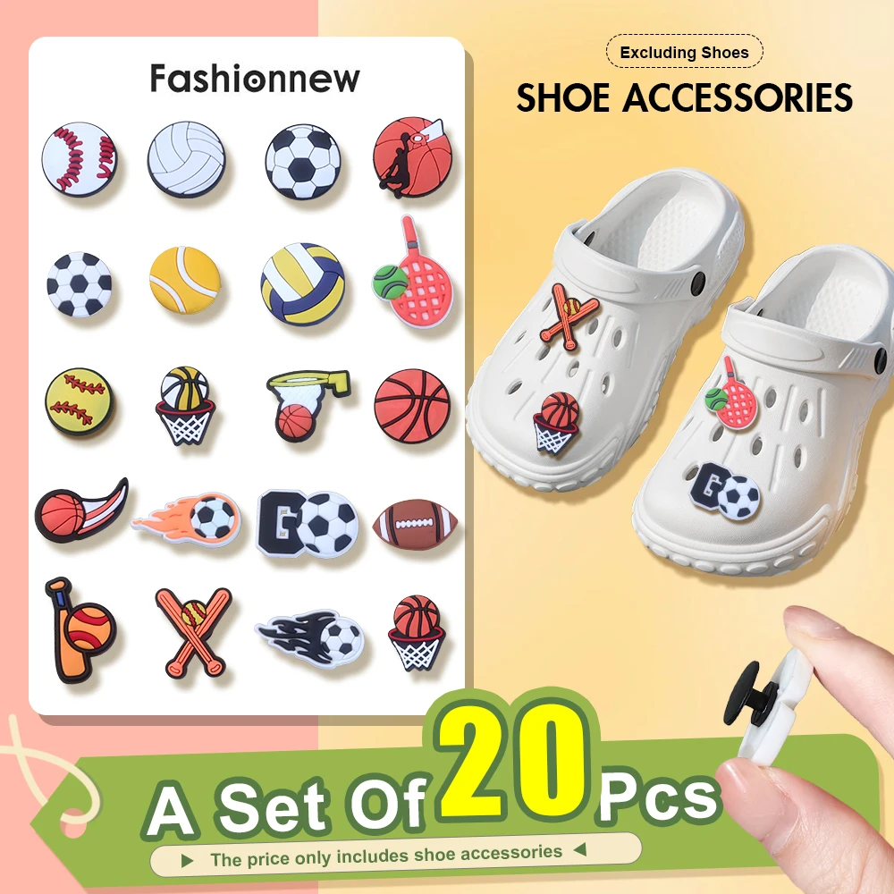 

20pcs Sports series Shoe Charms For Clogs Bubble Slides Sandals PVc Shoe Decorations Reusable shoe accessories Birthday Gift