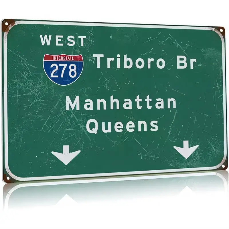 Retro Scratched Green Metal Highway Sign Tin Art - I-278 West Triboro Br, Manhattan Queens Double Design, Iron Material, Perfect