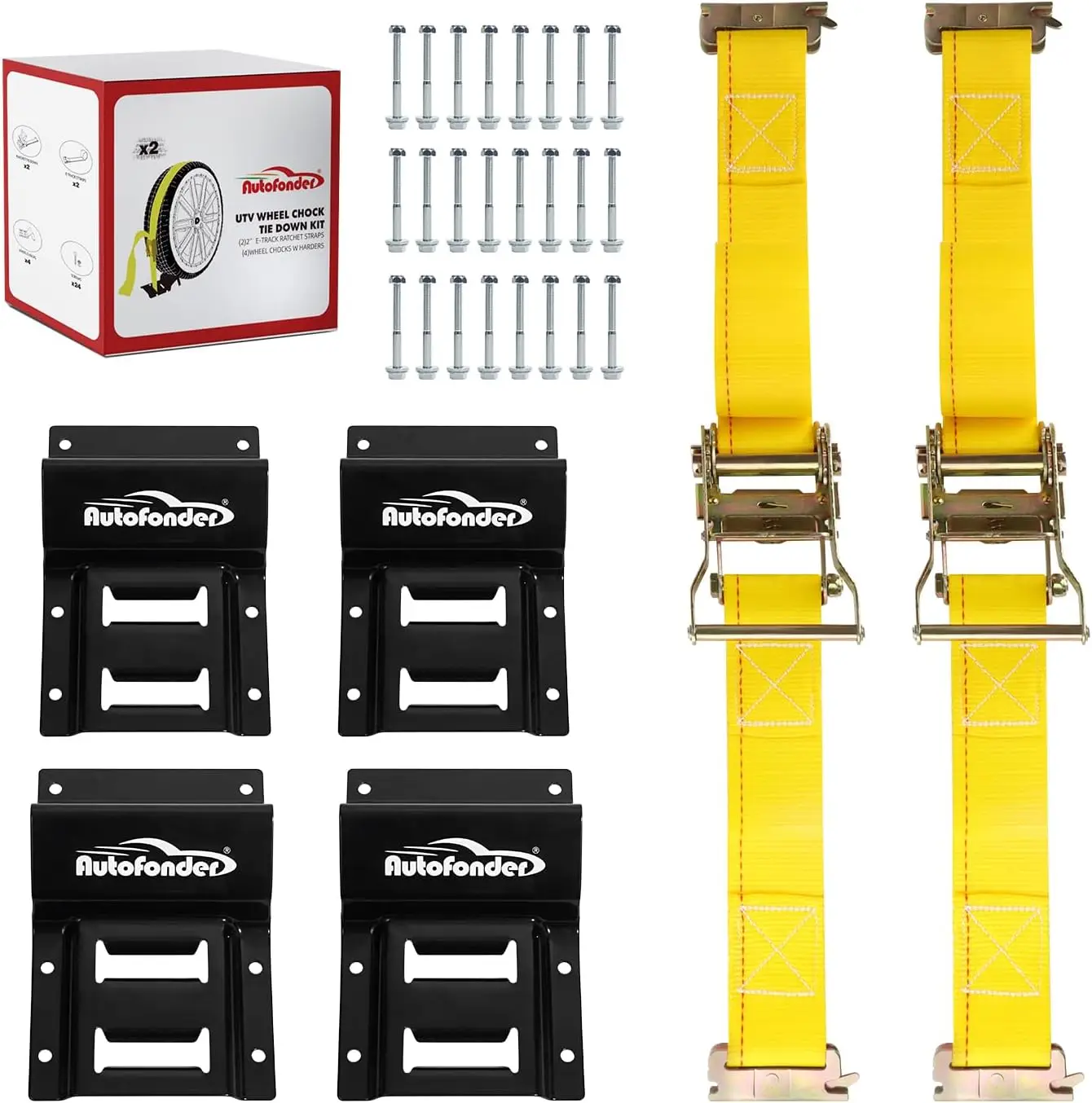 Wheel Chock Tie Down Kit (1,986lb Break Strength) Heavy Duty Trailer Tire Straps System for ATV, UTV, Lawn Mower & More - Ratche