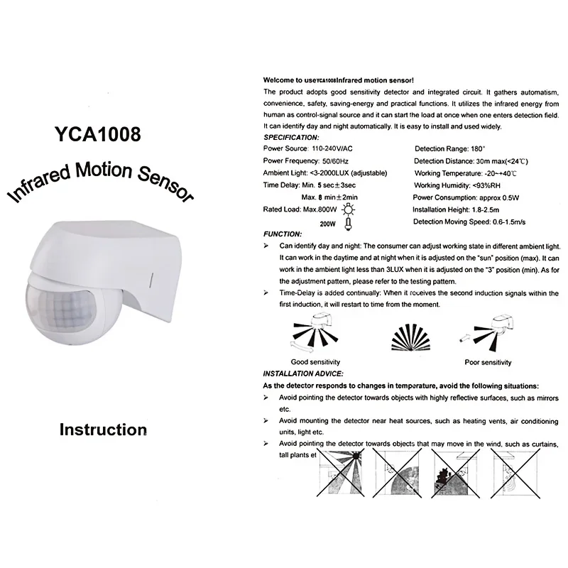 Motion Detector Automatic Infrared PIR Sensor Motion Sensor 110v~230v 180 Degree Rotating Outdoor Timer Light Switch