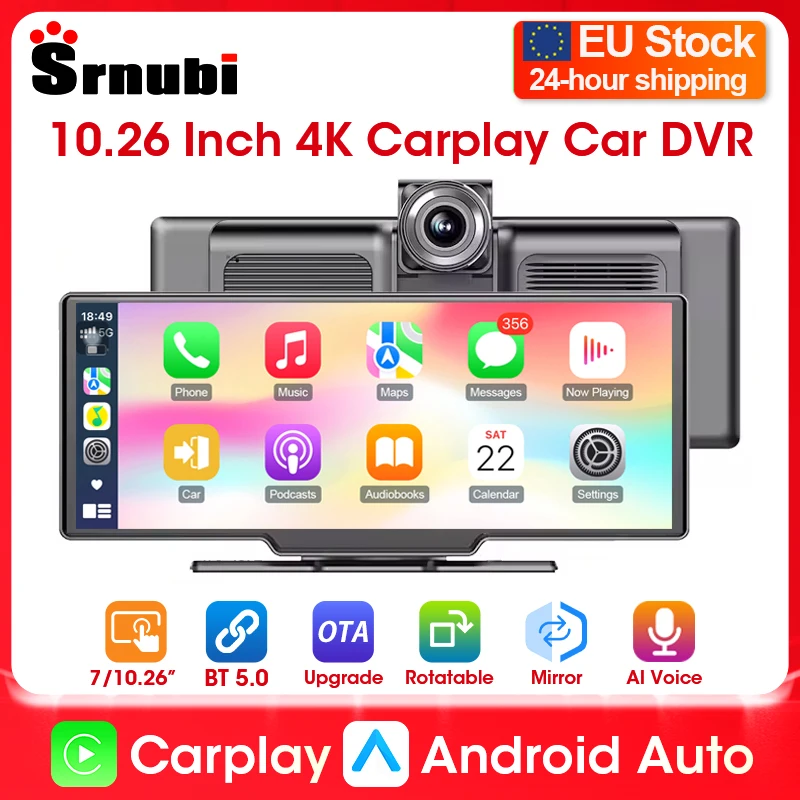 10.26 "4K + 1080P Auto DVR Carplay Dash Cam Telecamera posteriore Android Auto Monitor di navigazione GPS Doppio Bluetooth Cruscotto Registratore FM