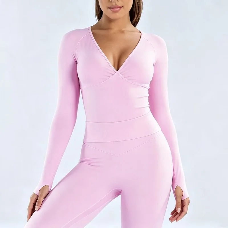 Gym Top Women Wrap Front Deep V Long Sleeve Yoga Top Sports Shirt Soft Stretch Clothes Workout Pilates Running Training Shirts