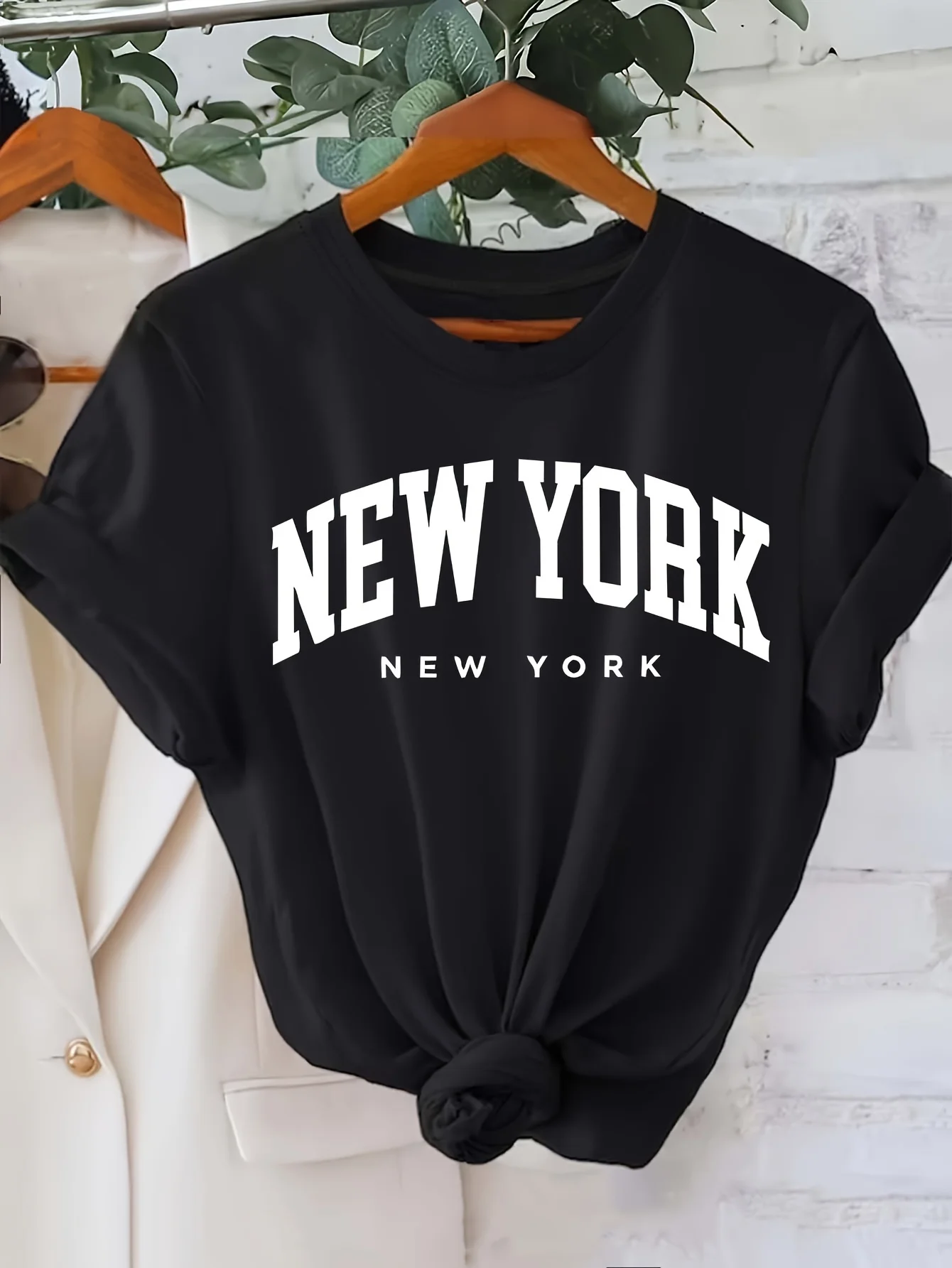 New York Letter Print Crew Neck T-Shirt Casual Short Sleeve Top for Spring & Summer Women\'s Clothing