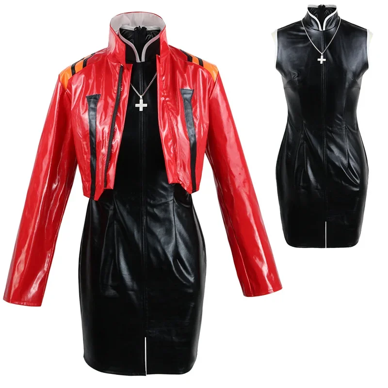 MN1 Katsuragi Misato Cosplay Costume Set PU Leather Red Jacket Dress & Necklace Anime Uniform for Halloween Comic Con9*Jy
