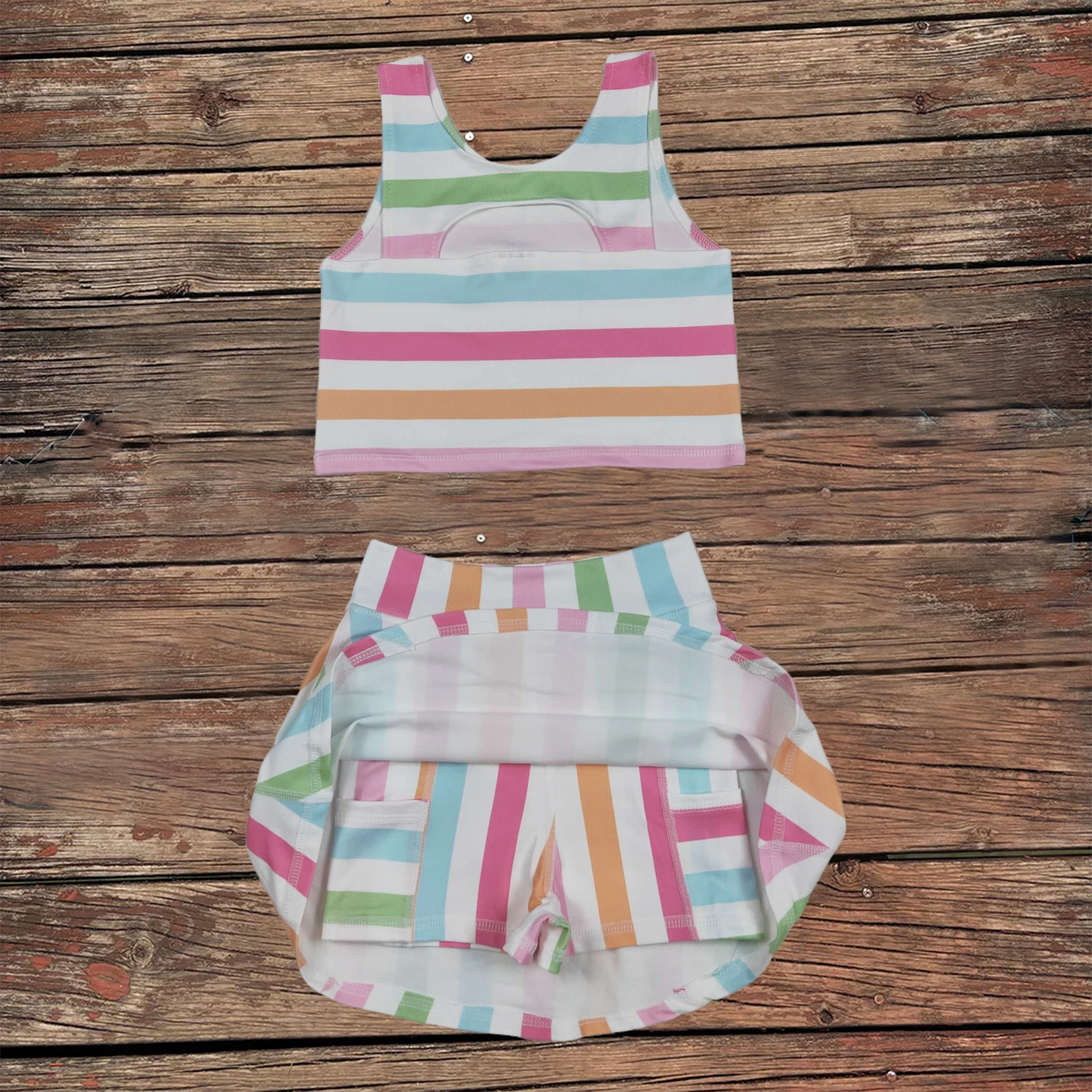 

Wholesale Baby Girl Colorful Stripes Active Wear Clothes Summer Vest Top Tennis Sport Skorts Sets Toddler Kids Children Outfits