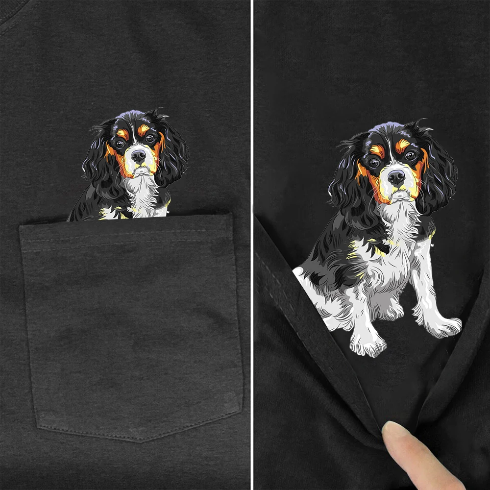 CLOOCL 100% Cotton T-shirts Fashion Black White King Charles Dog Pocket Tops Hip Hop Tees O-neck Short Sleeve Woman Tshirts