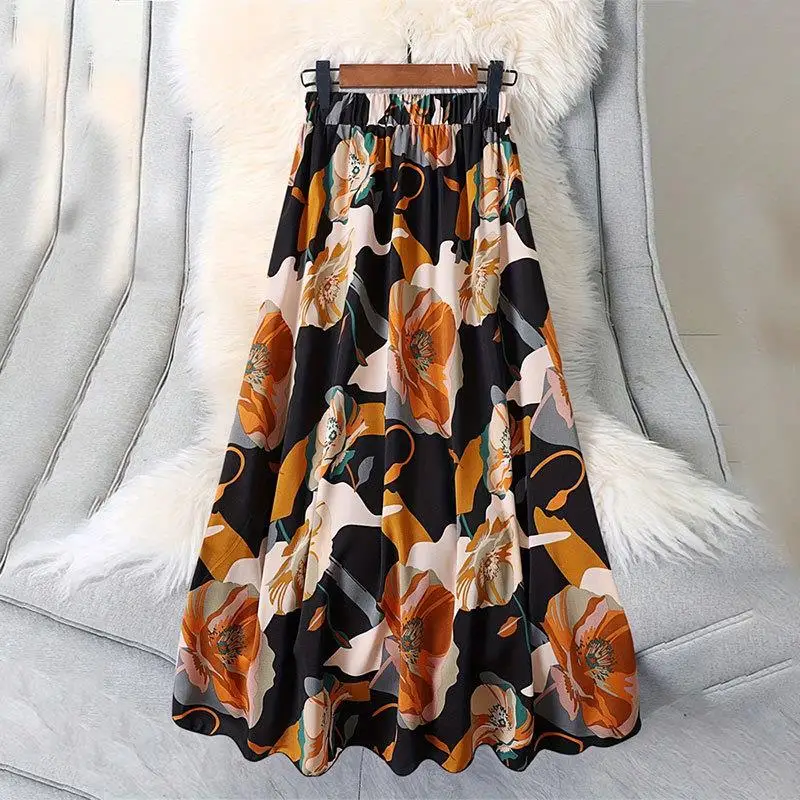 

Ele Micro Elastic Waist Print Long Skirt A-Line Silhouette Summer Season Polyester Fiber 00% Ele Umbrella Skirt