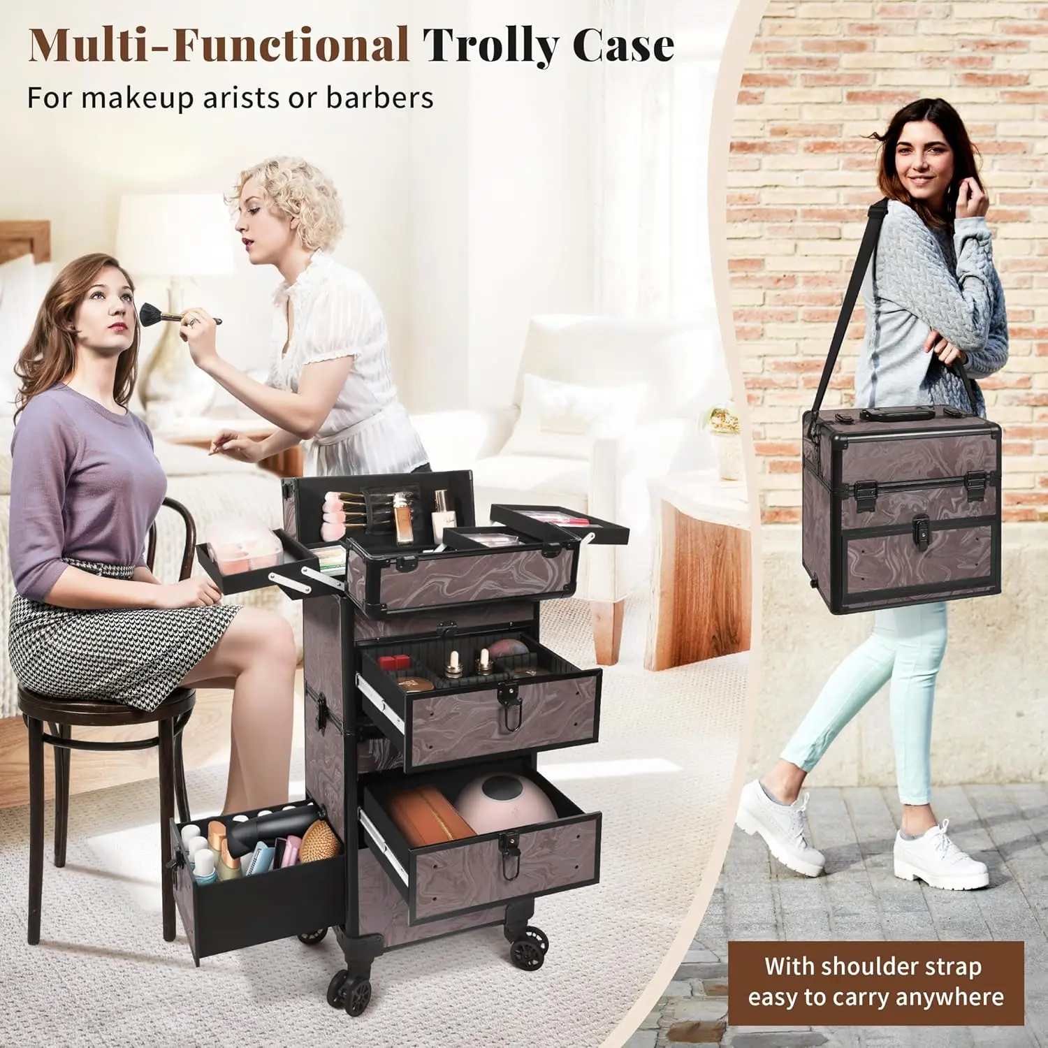 Rolling Makeup Cases with 3 Drawers Cosmetology Luggage on Wheels 5IN1 Makeup Train Case Make Up Organizer for Artist Salon Nail