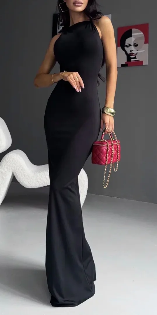 

Customized Simple shoulder strap Simple temperament solid color dress full of auraBanquet socialite special occasion eveninggown