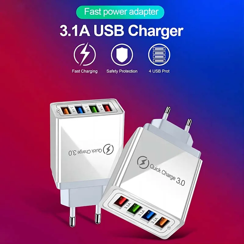 4 USB Port Fast Charger 3A Quick Charge3.0 EU/US Plug Wall Chargers For iPhoneSamsung Xiaomi Huawei Mobile Phone Charge Adapter