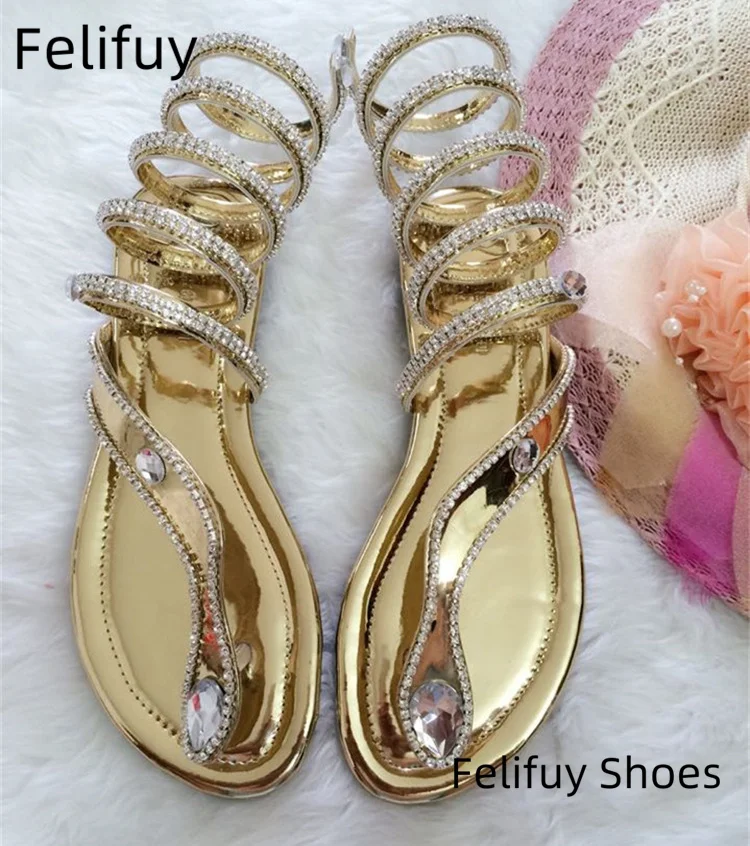 

2025 New Gold silver snake Flat Women Sandals Sexy beach pointed toe large size 46 crystal sandals Summer Party Dress shoes