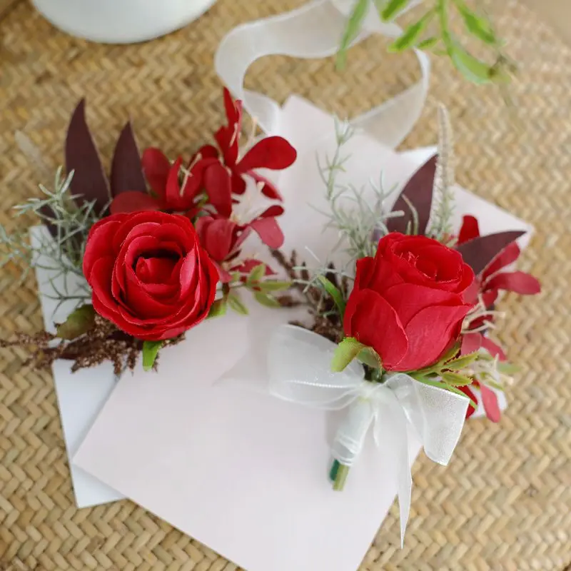 Accesorios de Boda al aire libre, Ramillete de muñeca, rosa, flores artificiales, padrino de Boda