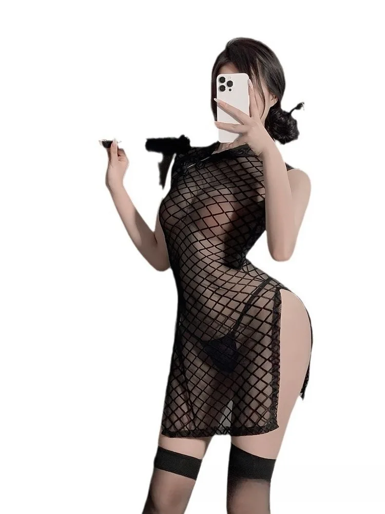 Sexy Mesh Lace Sweet Sheer Mini Dress Cheongsam Uniform Tempting Hot Slit Long Cosplay Dress Elegant Fashion Korean Women VK1Z