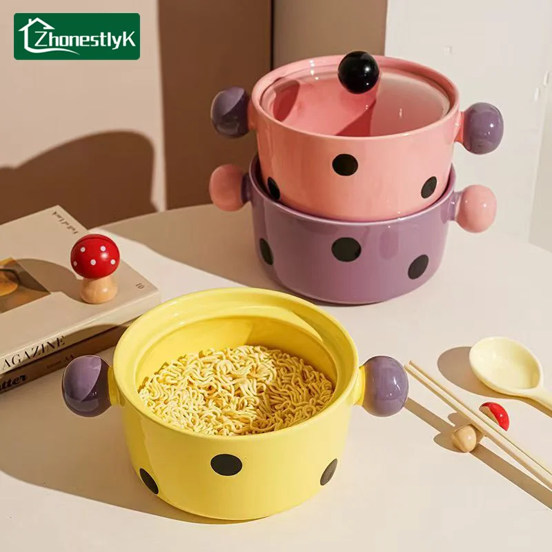 Korean Style Ceramic Instant Noodle Bowl with Lid Cute Wave Point Anti-Scald Soup Bowl Kitchen Tableware