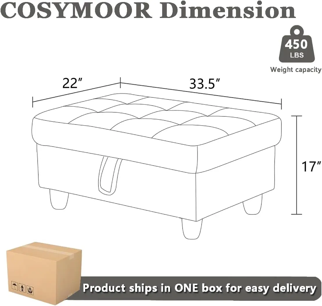 Large Square 33.5-Inch Storage Ottoman with 55L Capacity, Microfiber Fabric and Leather Upholstery, One-Piece Solid Wood Frame, Legged Storage Footstool for Entryway Bench, Coffee Table, Chair, or RV