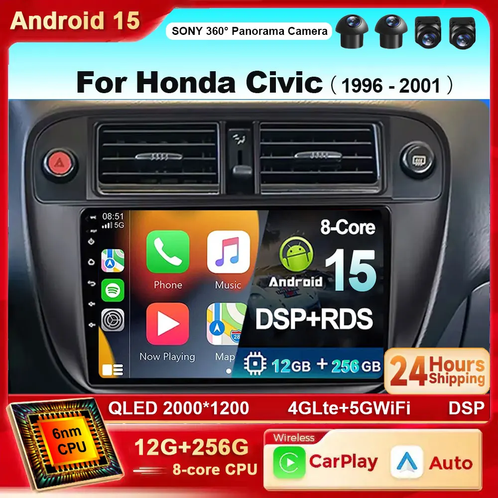 Android15 Car Radio Multimedia Vedio Player For Honda Civic 1996-2001 Autoradio GPS CarPlay Stereo Tape Recorder DSP 4G DVD