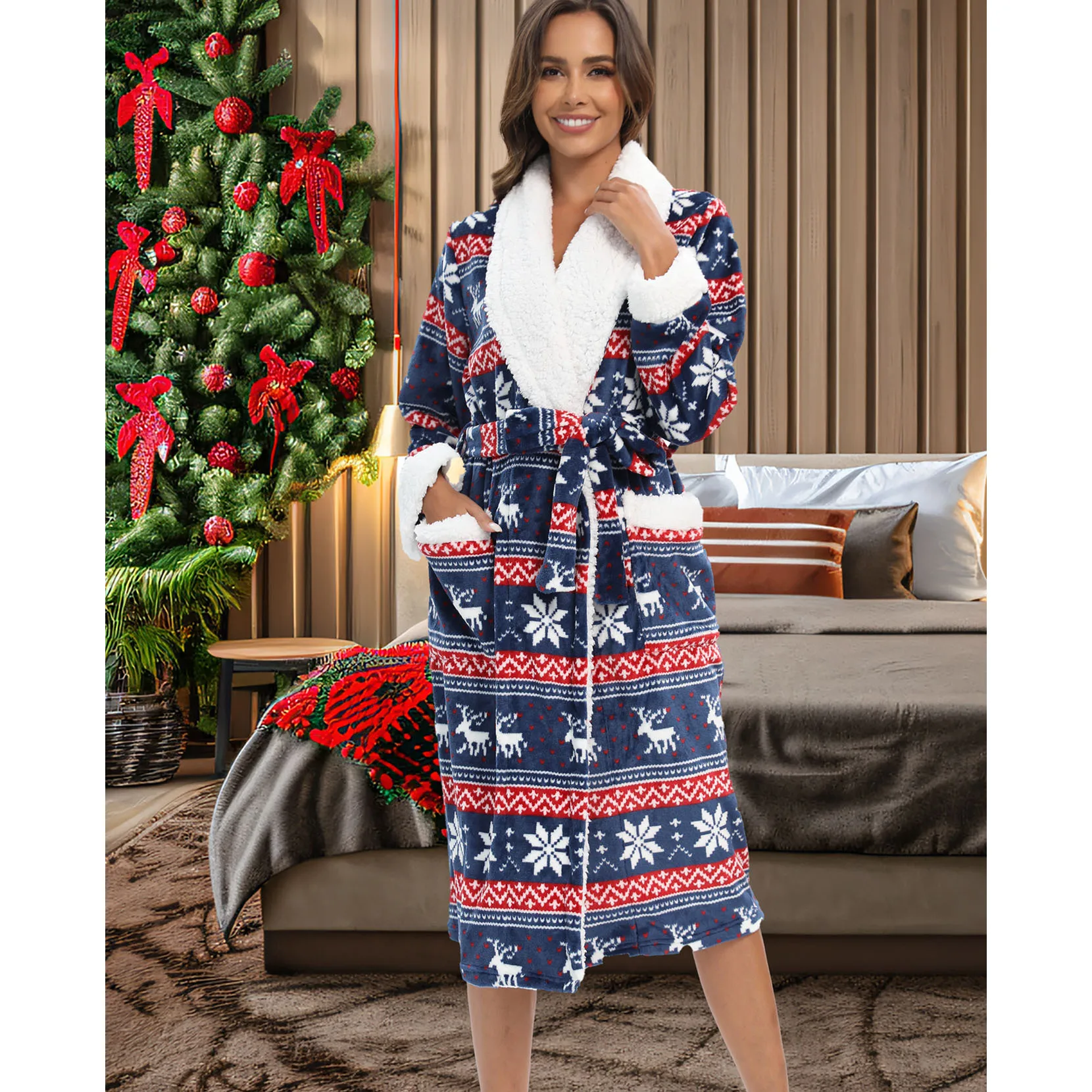 Christmas Pattern Women Bath Robe Sherpa Lapel Long Sleeve Belted Housecoat With Pockets Warm Winter Ladies Holiday Night Robe