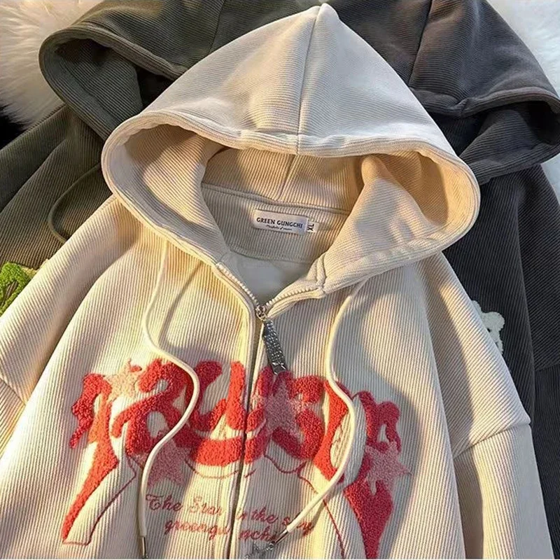 

Women Autumn Long Sleeve Tops Loose Hood Shirt Harajuku Clothes Female Sweatshirt Jacket Fashion Embroidery Zip Up Hoodies